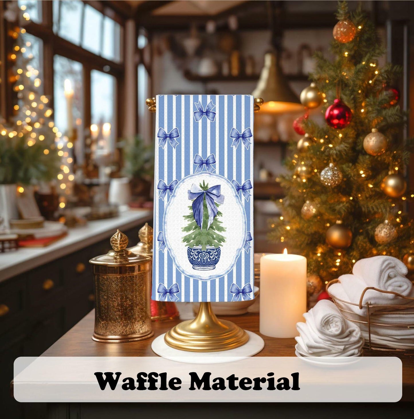 BNHJKFQZ Christmas Kitchen Towels Blue Stripes & Wreath 16x24 Set of 2
