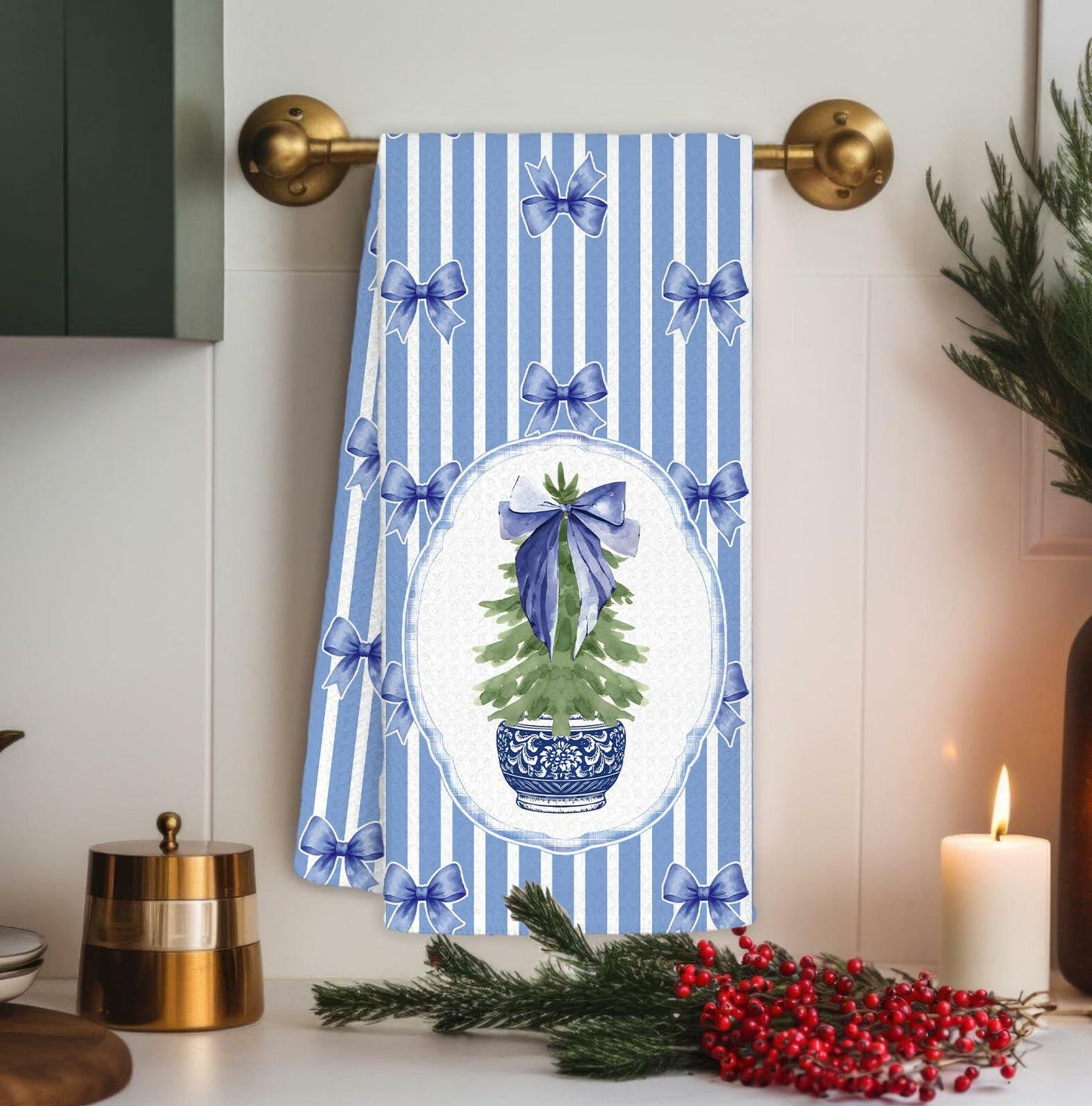 BNHJKFQZ Christmas Kitchen Towels Blue Stripes & Wreath 16x24 Set of 2