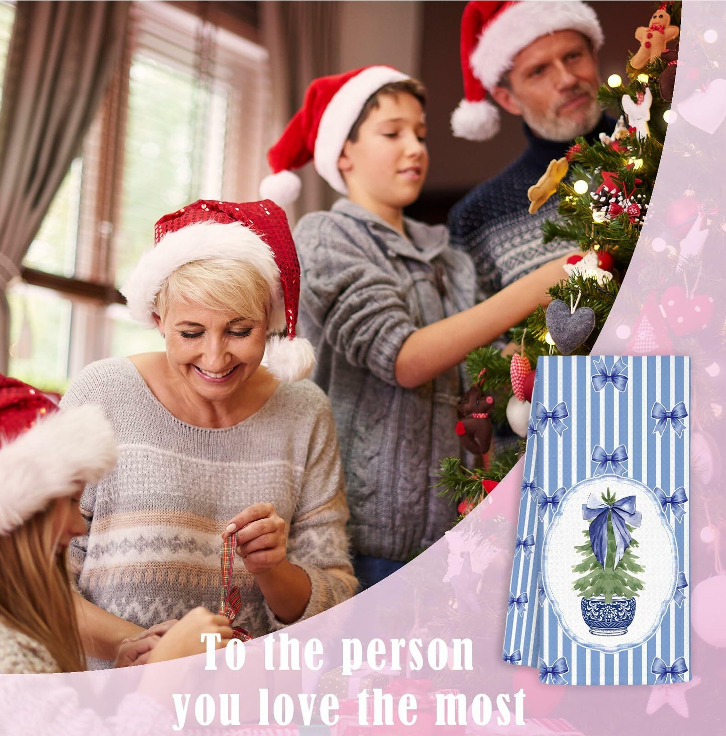 BNHJKFQZ Christmas Kitchen Towels Blue Stripes & Wreath 16x24 Set of 2