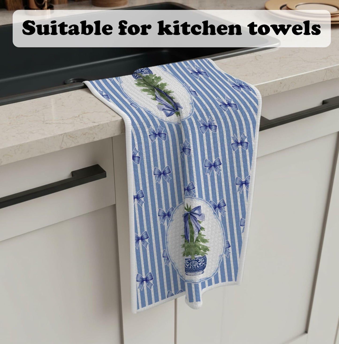 BNHJKFQZ Christmas Kitchen Towels Blue Stripes & Wreath 16x24 Set of 2