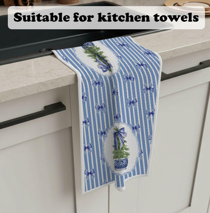 BNHJKFQZ Christmas Kitchen Towels Blue Stripes & Wreath 16x24 Set of 2