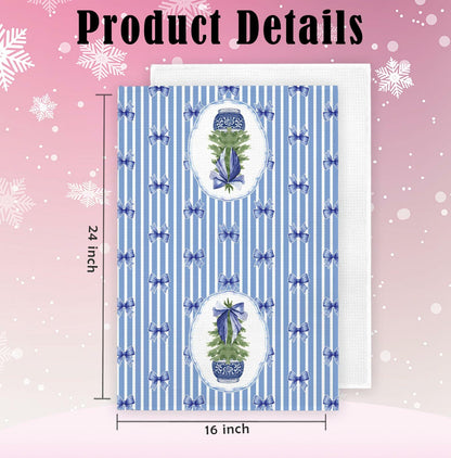 BNHJKFQZ Christmas Kitchen Towels Blue Stripes & Wreath 16x24 Set of 2