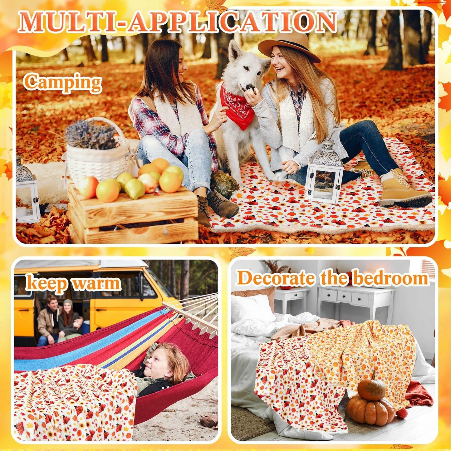 Fanfanwin 2 Pc Pumpkin Flannel Sherpa Throw Blanket 51x59 Multicolor Fall