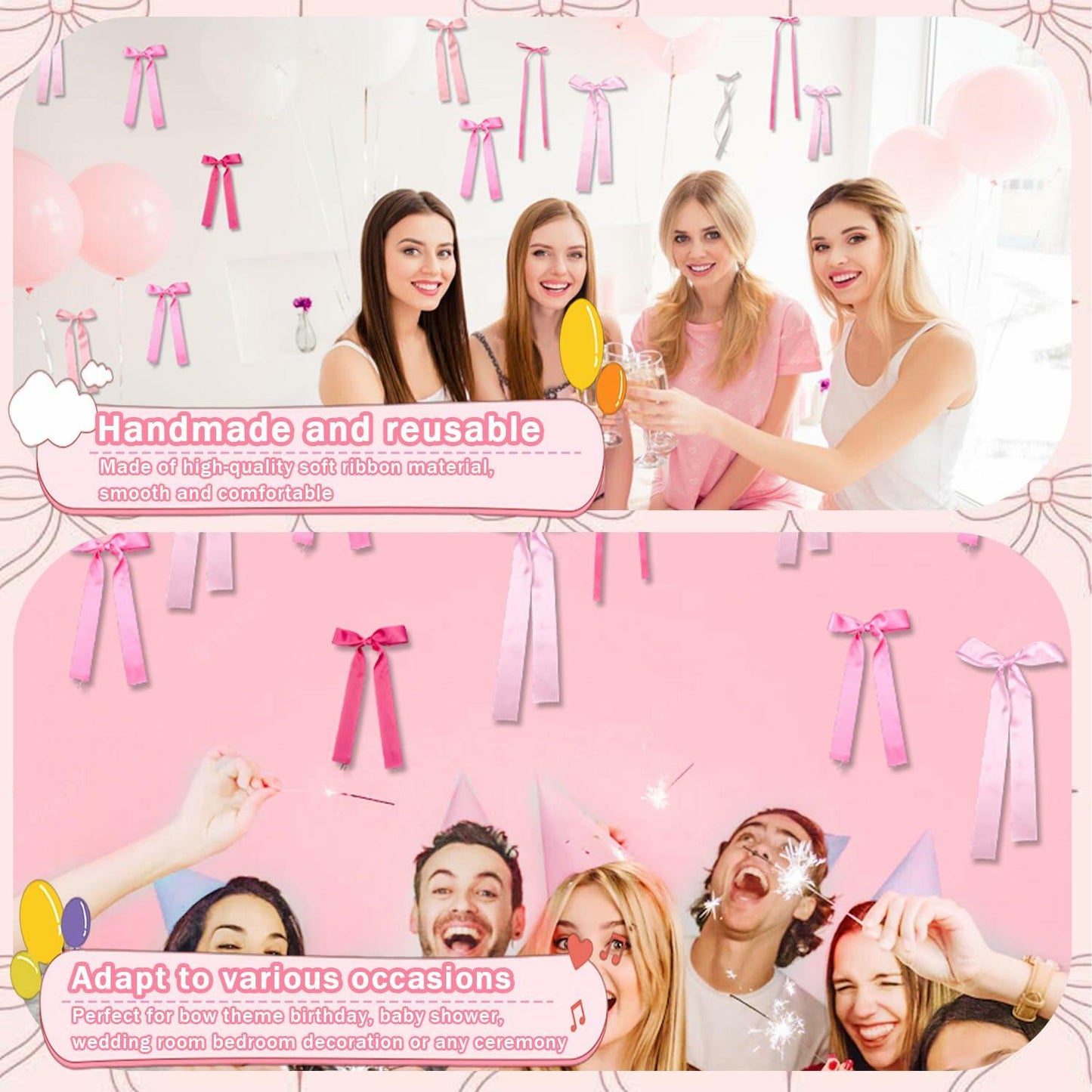 YCZYCZ Pink Satin Bow Wall Decor Garland 24PCS DIY Party Decorations