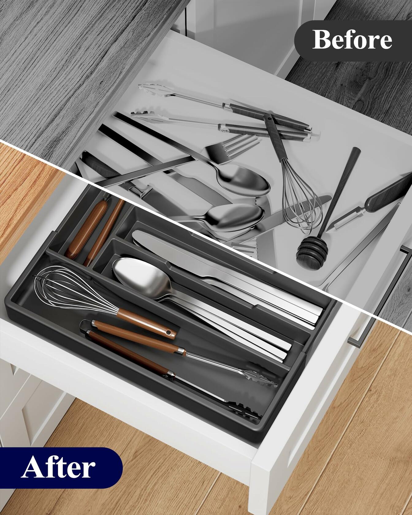 Kitsure Expandable Silverware Drawer Organizer 7Compartments Black 13.2x12.2x1.6