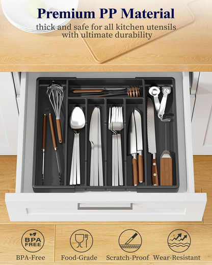 Kitsure Expandable Silverware Drawer Organizer 7Compartments Black 13.2x12.2x1.6