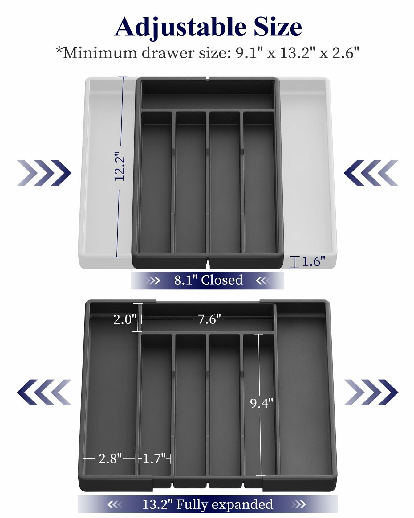 Kitsure Expandable Silverware Drawer Organizer 7Compartments Black 13.2x12.2x1.6