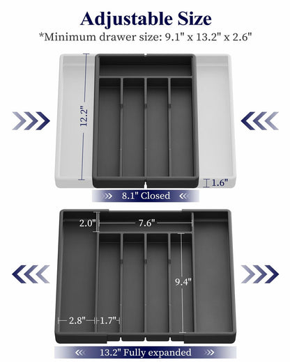 Kitsure Expandable Silverware Drawer Organizer 7Compartments Black 13.2x12.2x1.6
