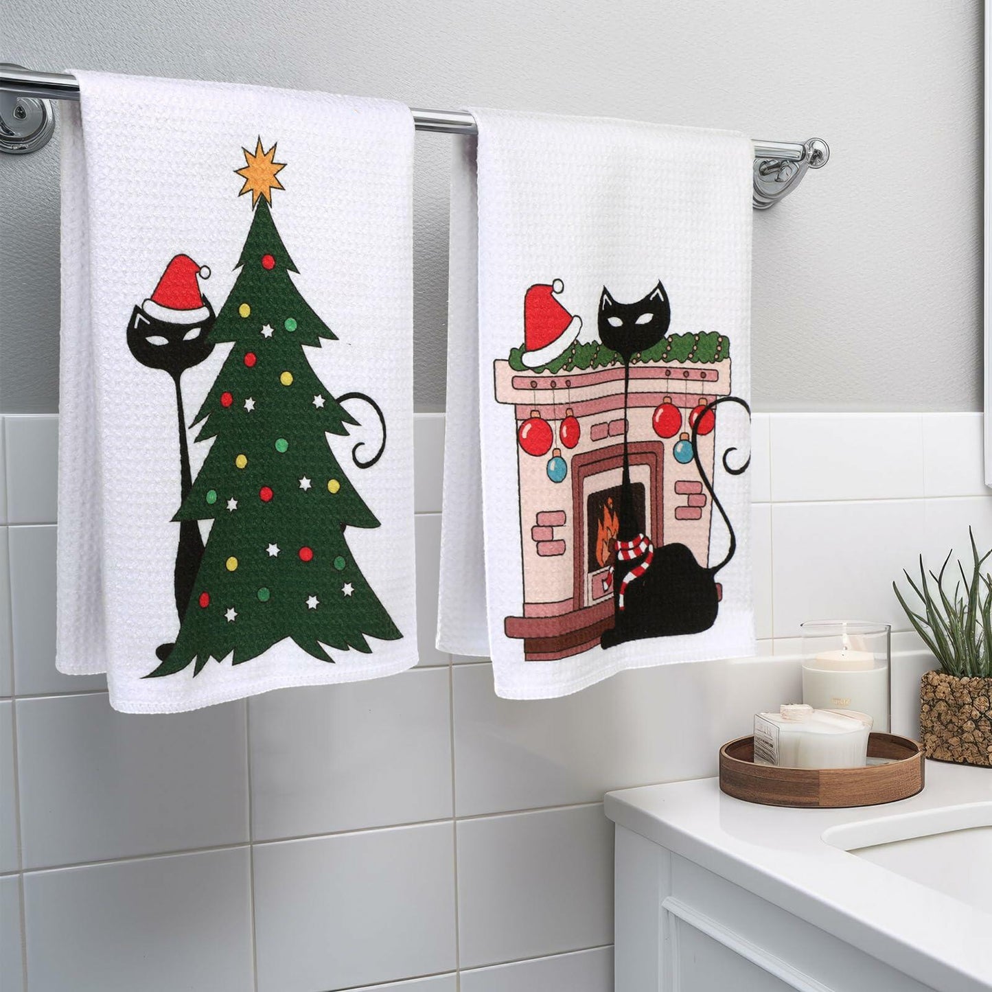 Tudomro Christmas Black Cat Kitchen Towels 16x24 4 Pcs Soft Absorbent