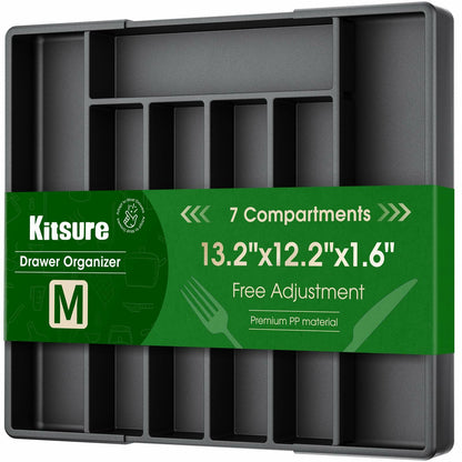 Kitsure Expandable Silverware Drawer Organizer 7Compartments Black 13.2x12.2x1.6