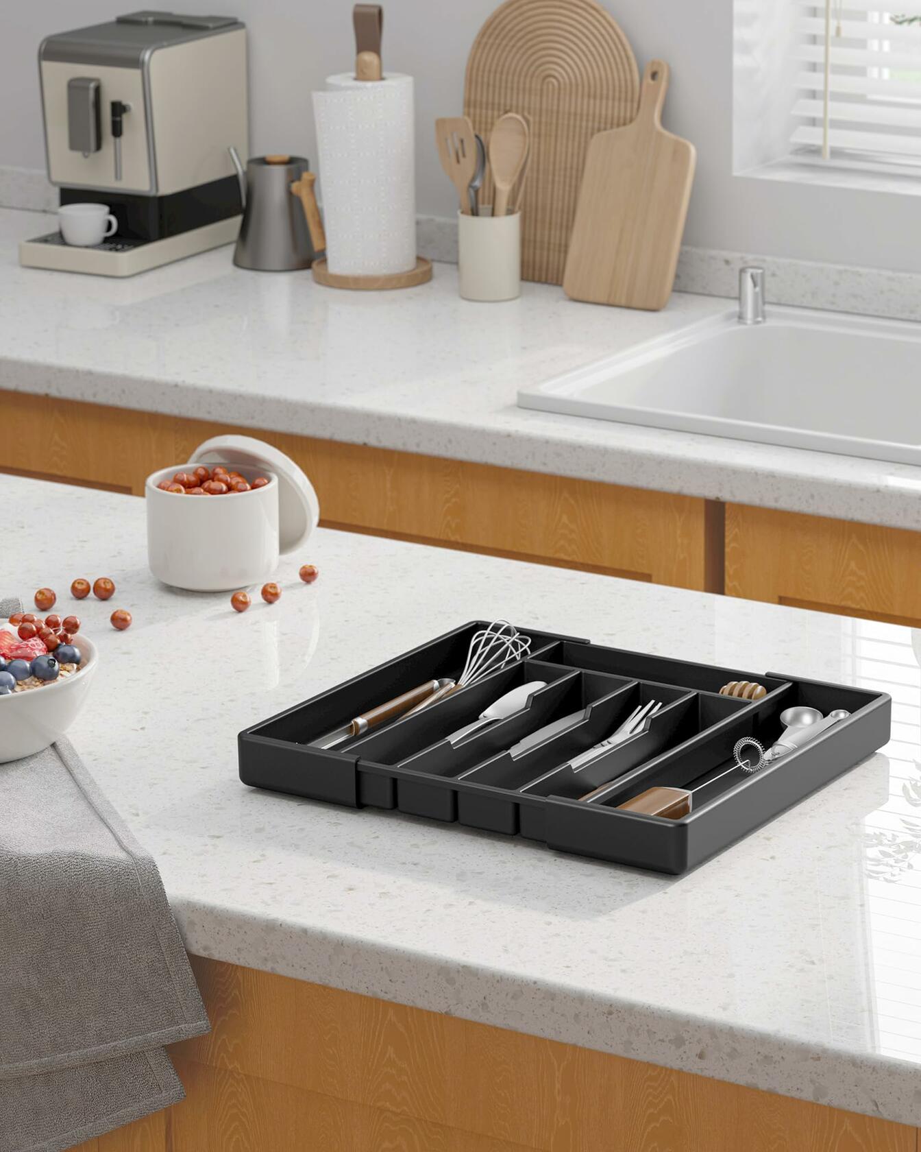 Kitsure Expandable Silverware Drawer Organizer 7Compartments Black 13.2x12.2x1.6