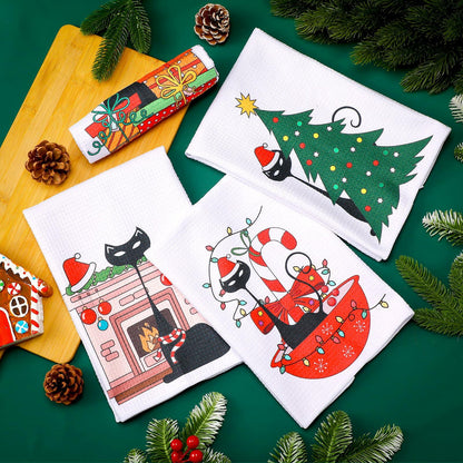 Tudomro Christmas Black Cat Kitchen Towels 16x24 4 Pcs Soft Absorbent