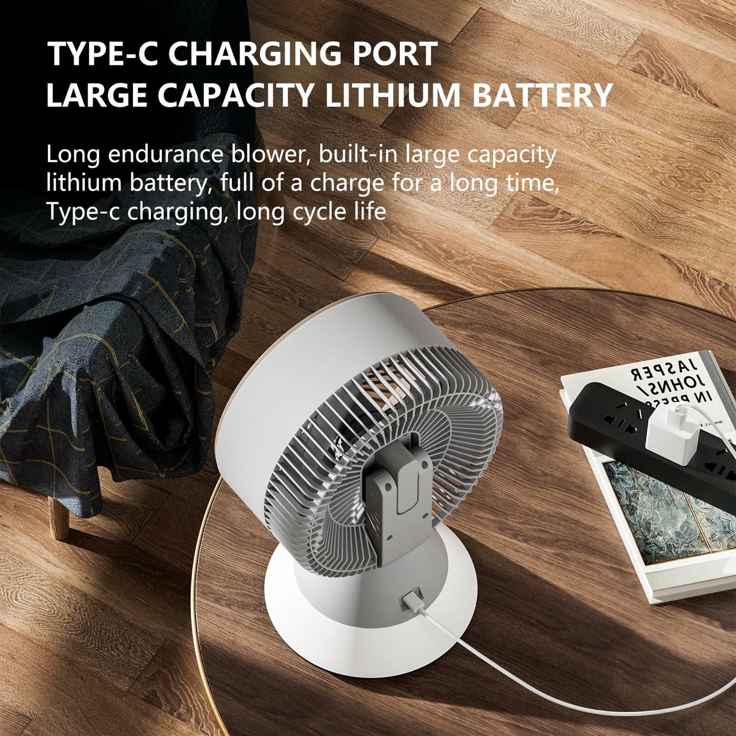 CIBAIL 10" Small Desk Fan USB-C Rechargeable 3 Speed 360° Tilt White