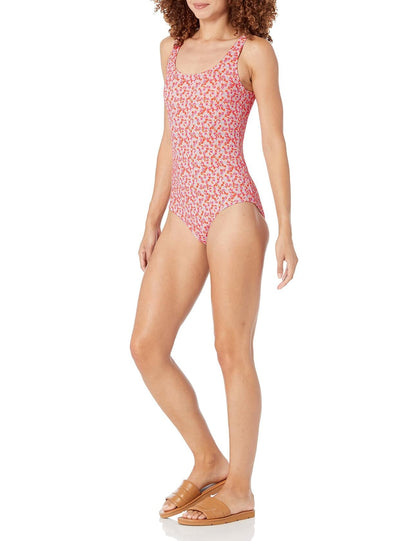 Amazon Essentials Women's One-Piece Coverage Swimsuit Pale Peach Micro Floral L