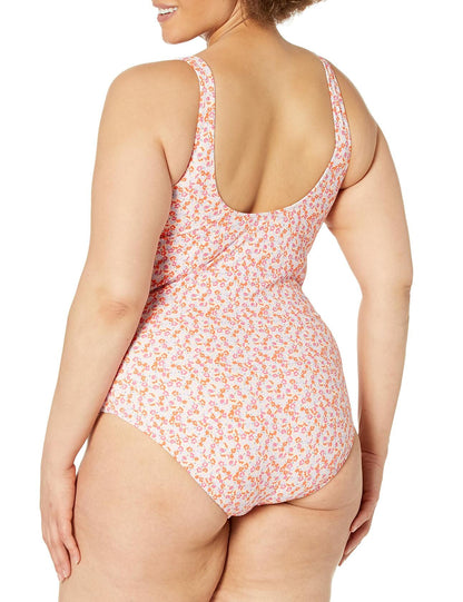 Amazon Essentials Women's One-Piece Coverage Swimsuit Pale Peach Micro Floral L