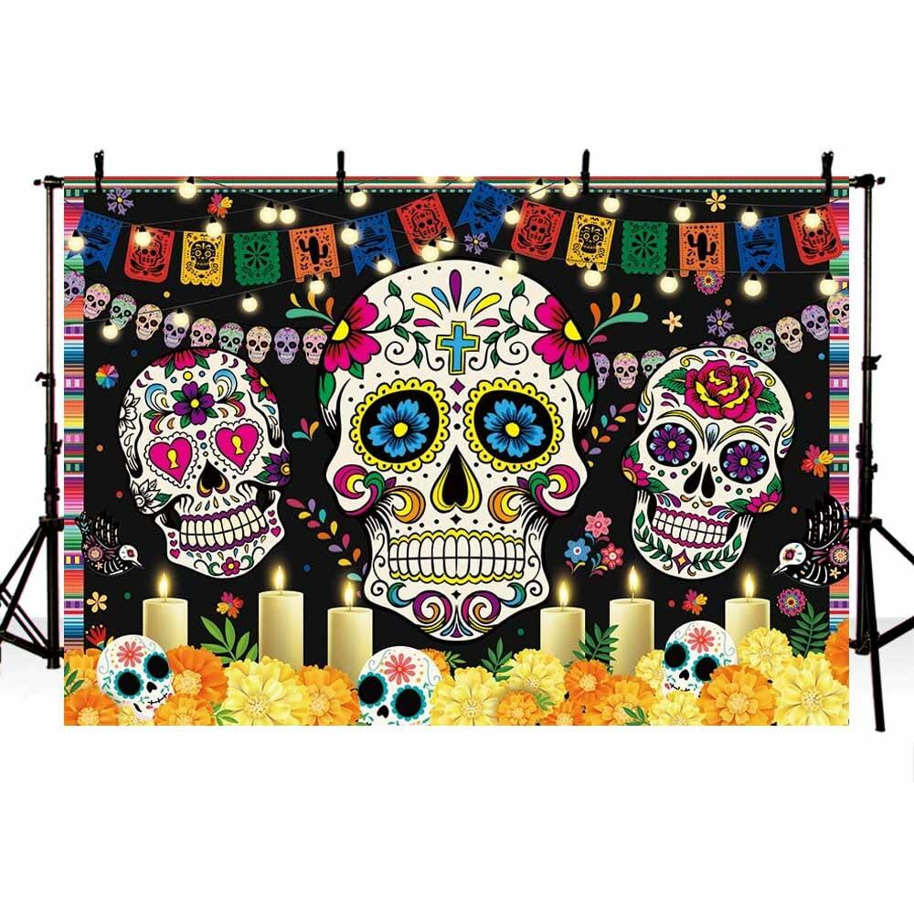AIBIIN Day of The Dead Backdrop 7x5ft Red Black Mexican Sugar Skull