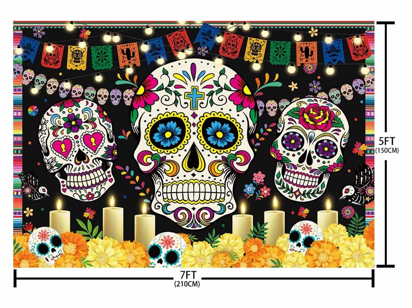 AIBIIN Day of The Dead Backdrop 7x5ft Red Black Mexican Sugar Skull