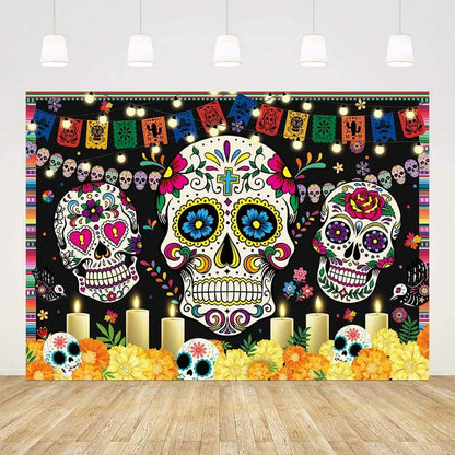 AIBIIN Day of The Dead Backdrop 7x5ft Red Black Mexican Sugar Skull
