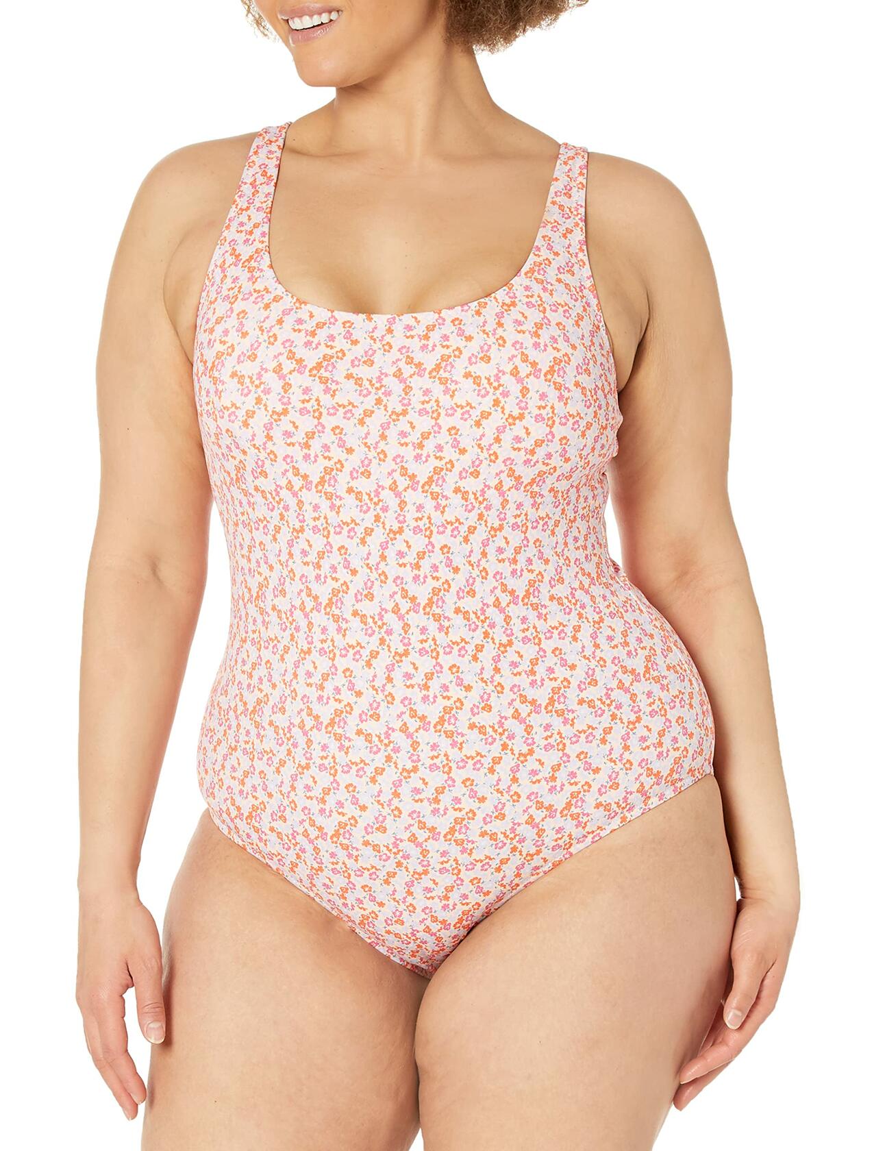 Amazon Essentials Women's One-Piece Coverage Swimsuit Pale Peach Micro Floral L