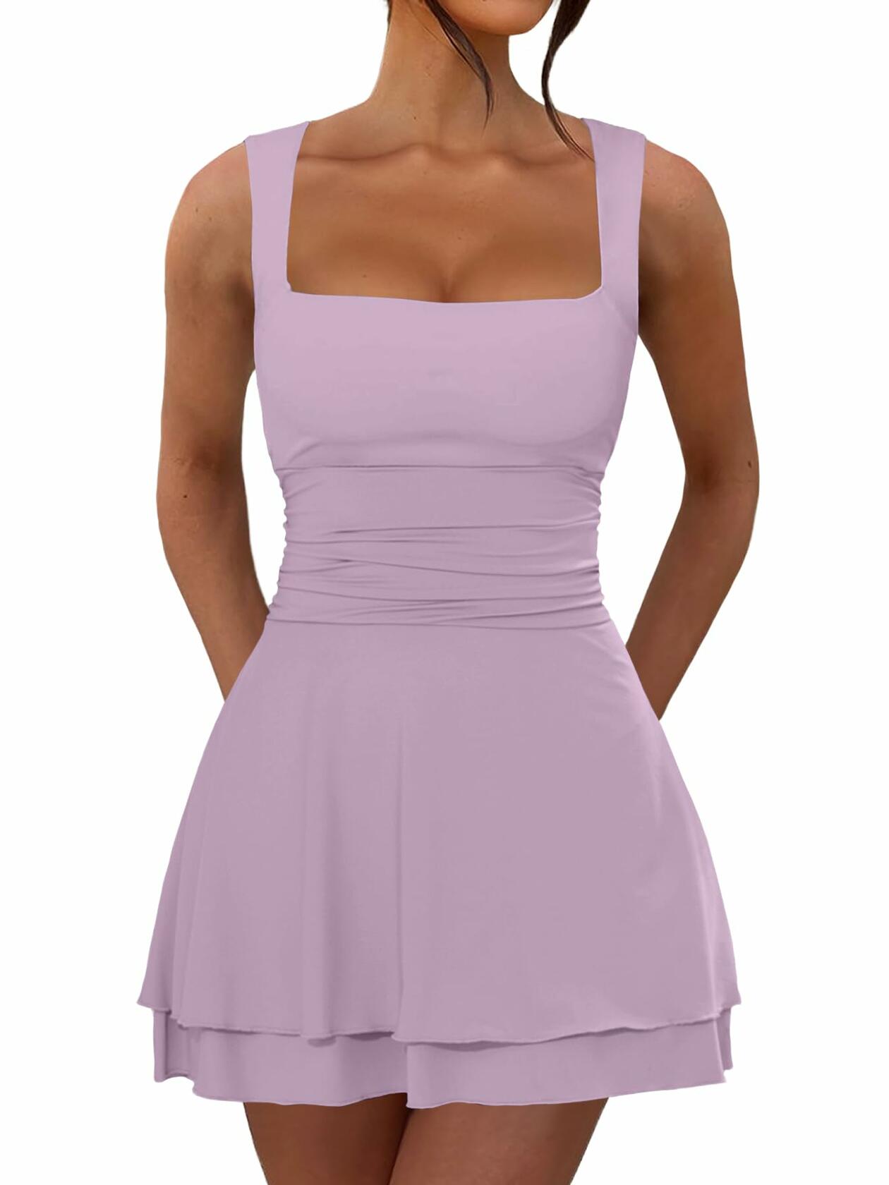 OKIFOIR Women's Ruffle Hem Mini Dress Square Neck Sleeveless Light Purple Size M