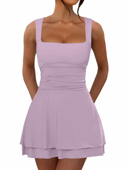 OKIFOIR Women's Ruffle Hem Mini Dress Square Neck Sleeveless Light Purple Size M