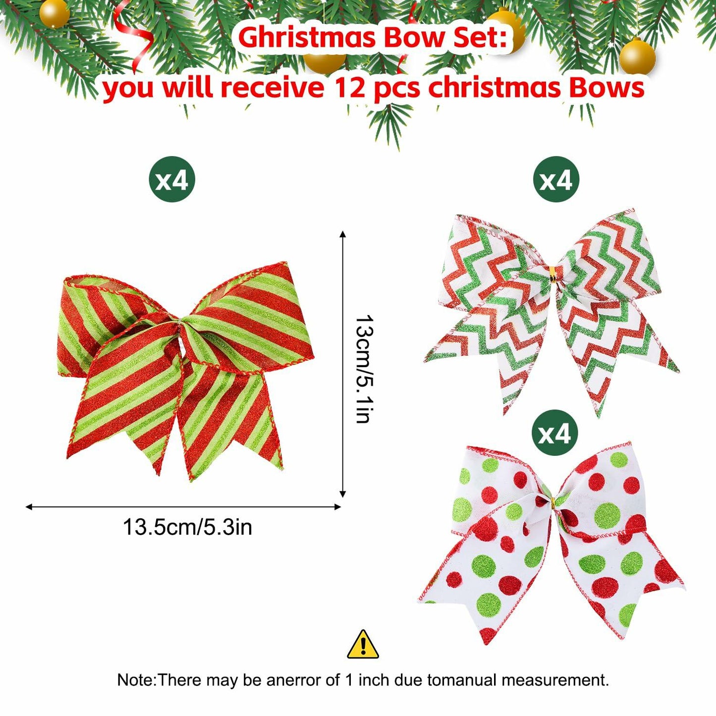 PEMIDA 12 Pcs Wave Stripe Christmas Bows 5 Inch Red Green Dots