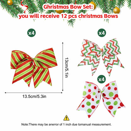 PEMIDA 12 Pcs Wave Stripe Christmas Bows 5 Inch Red Green Dots