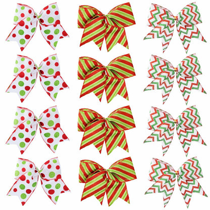 PEMIDA 12 Pcs Wave Stripe Christmas Bows 5 Inch Red Green Dots