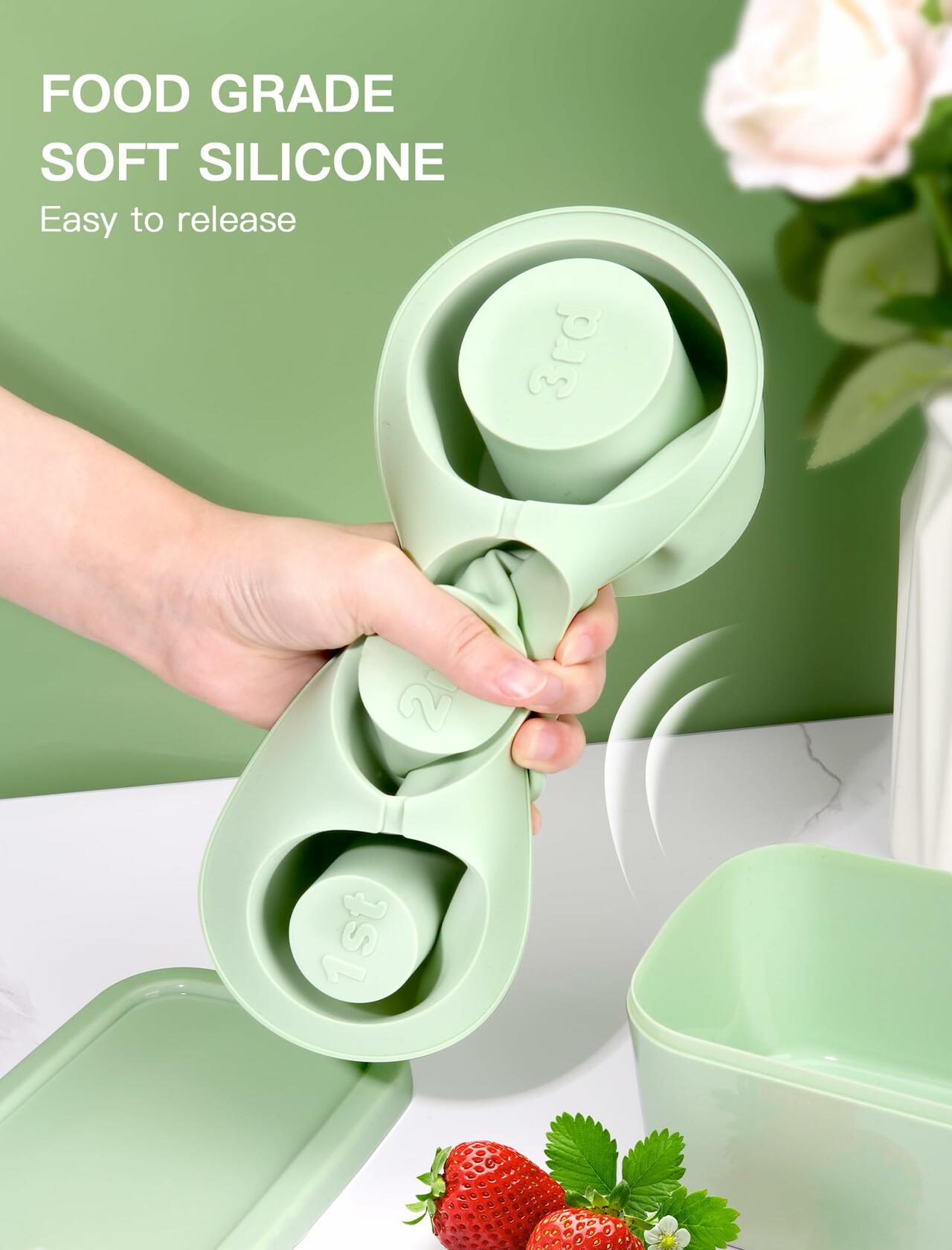 Ukulork Silicone Ice Cube Tray 3 Pcs Green Cylinder Mold 40Oz with Lid