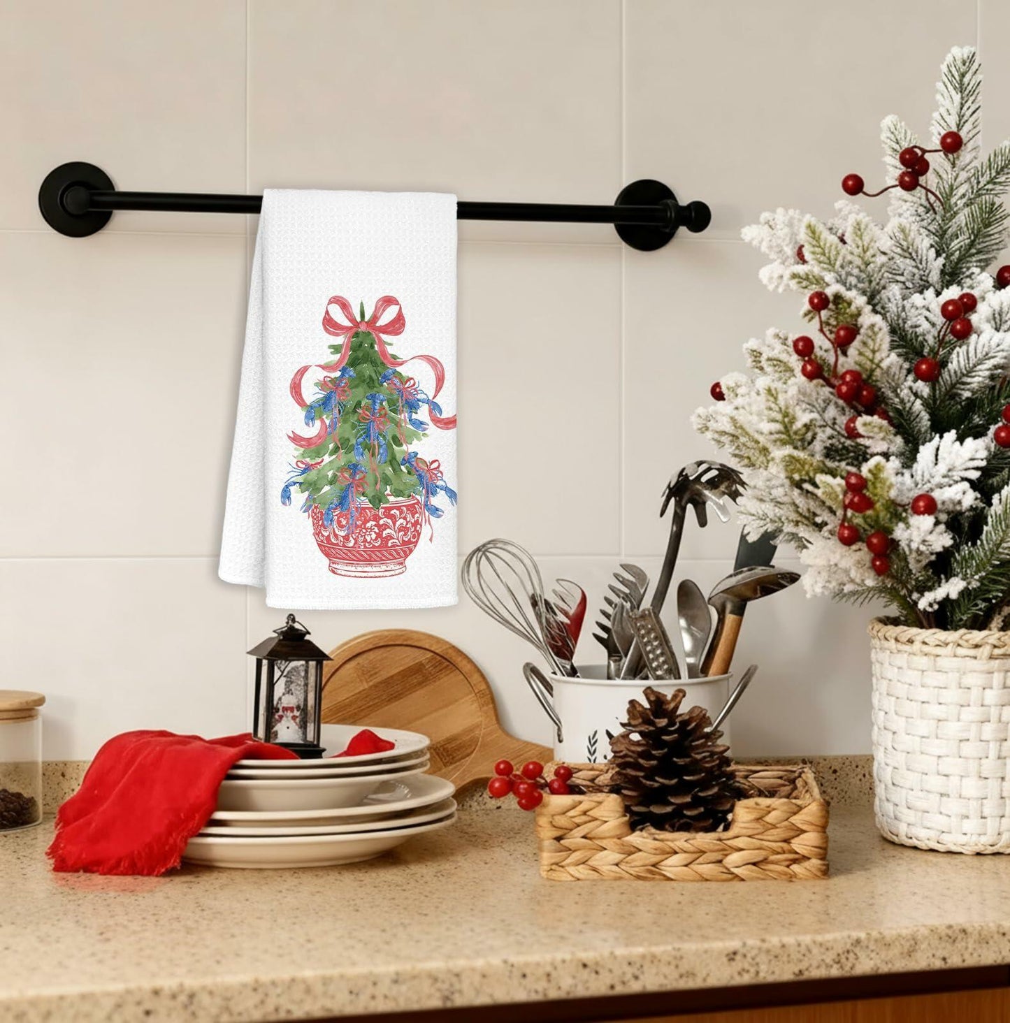 KRHFG Christmas Chinoiserie Kitchen Towels Red Blue 16x24 Inches