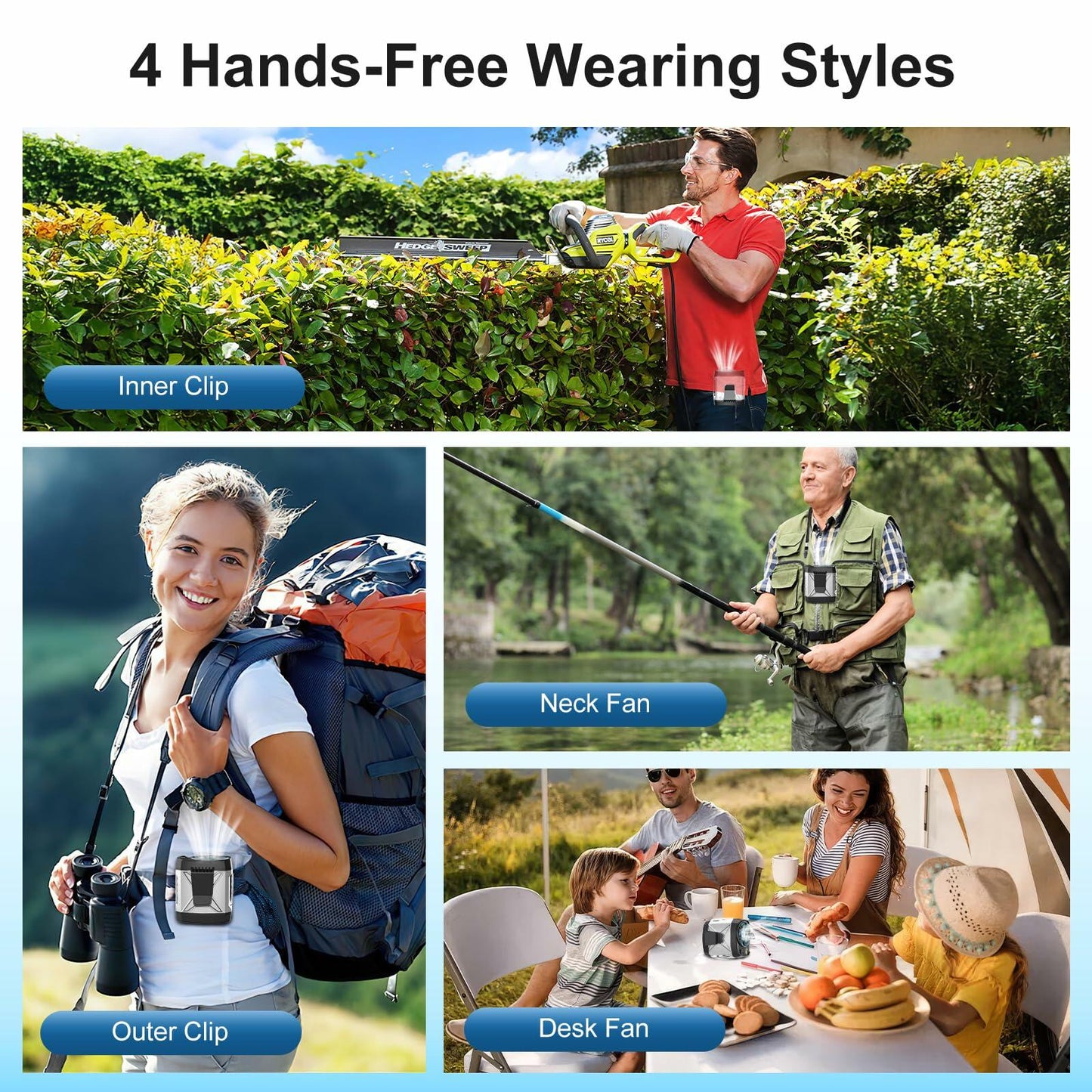 yiHuiya Portable Fan Under Shirt Waist Clip-On 4-Speed Rechargeable White