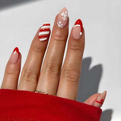 TANYOOTO Christmas Press On Nails Medium Almond Multicolor Snowflakes Bow