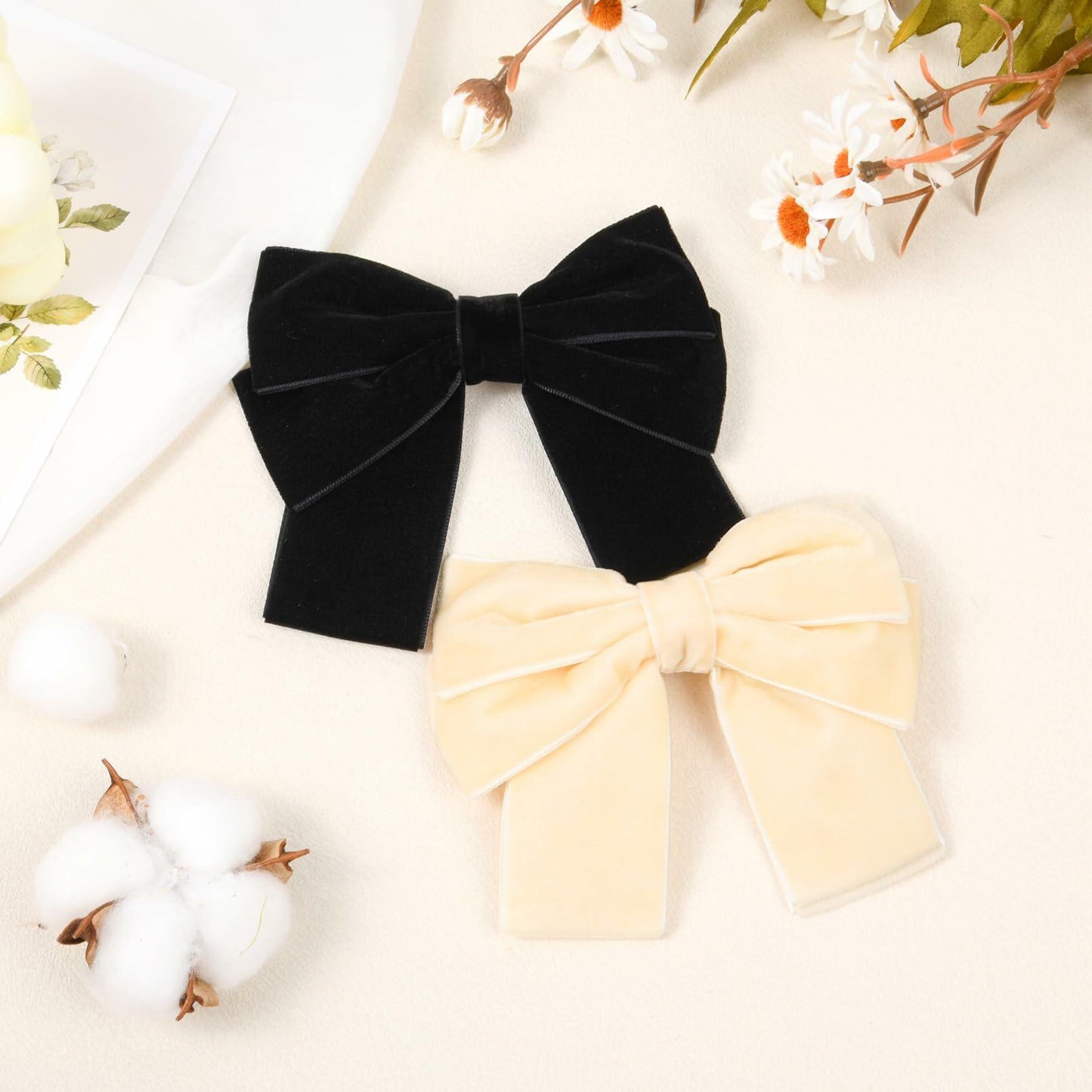 Aileam 2PCS Velvet Hair Bows Ribbon Clips Black Beige Alligator Clips