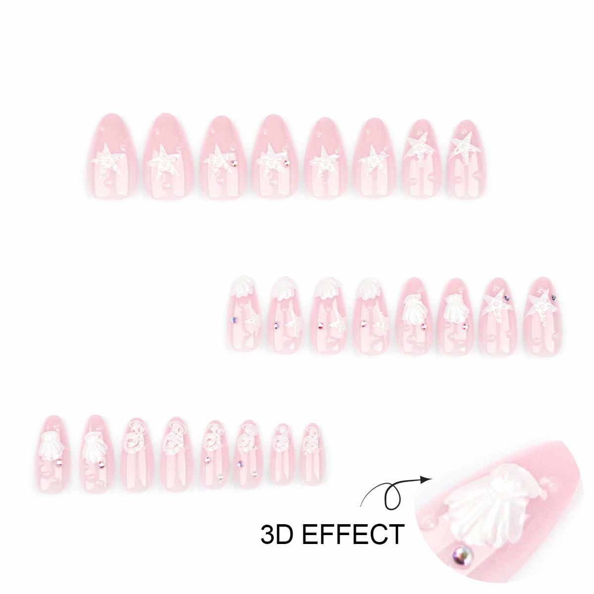 HPYFOI Beach Press On Nails Medium Almond 3D Starfish Shell Design 24 Pcs
