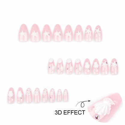HPYFOI Beach Press On Nails Medium Almond 3D Starfish Shell Design 24 Pcs
