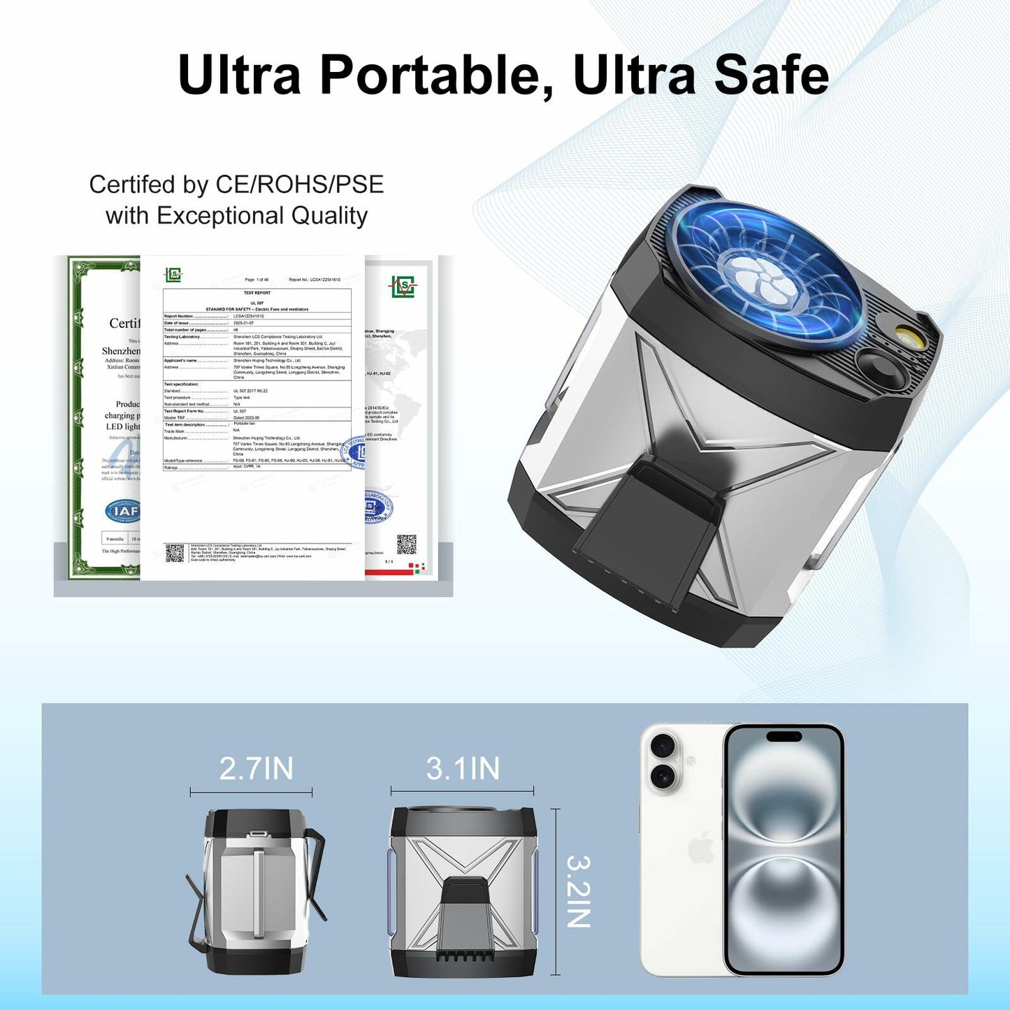 yiHuiya Portable Fan Under Shirt Waist Clip-On 4-Speed Rechargeable White