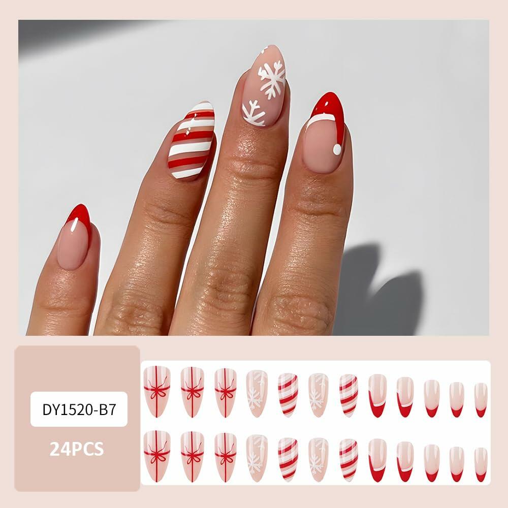 TANYOOTO Christmas Press On Nails Medium Almond Multicolor Snowflakes Bow