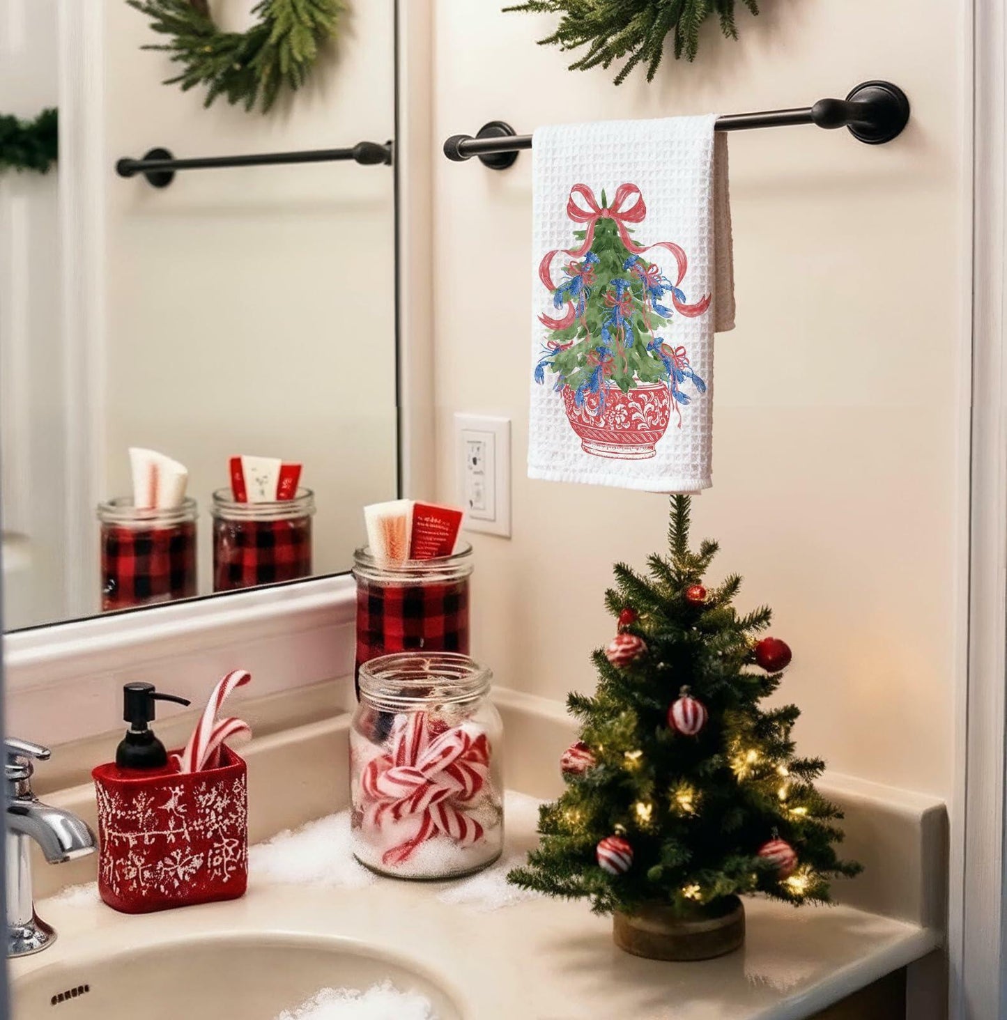 KRHFG Christmas Chinoiserie Kitchen Towels Red Blue 16x24 Inches