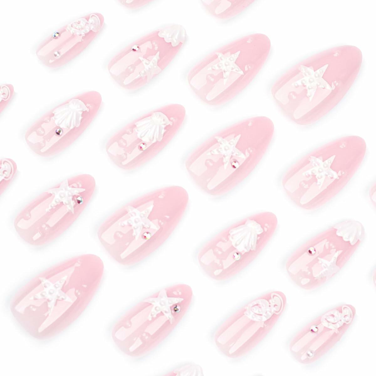 HPYFOI Beach Press On Nails Medium Almond 3D Starfish Shell Design 24 Pcs