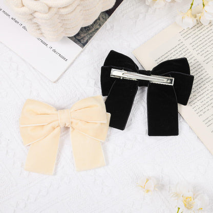 Aileam 2PCS Velvet Hair Bows Ribbon Clips Black Beige Alligator Clips