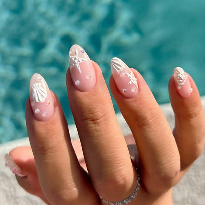 HPYFOI Beach Press On Nails Medium Almond 3D Starfish Shell Design 24 Pcs