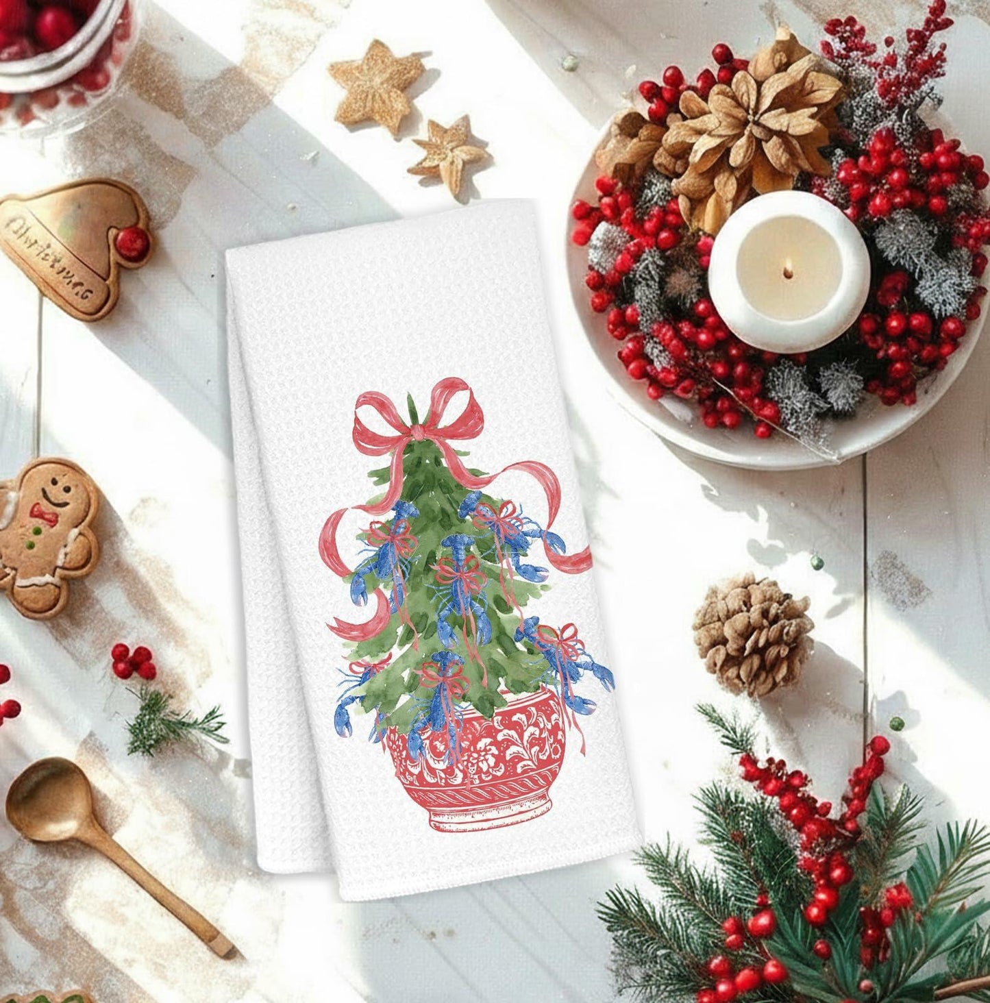 KRHFG Christmas Chinoiserie Kitchen Towels Red Blue 16x24 Inches