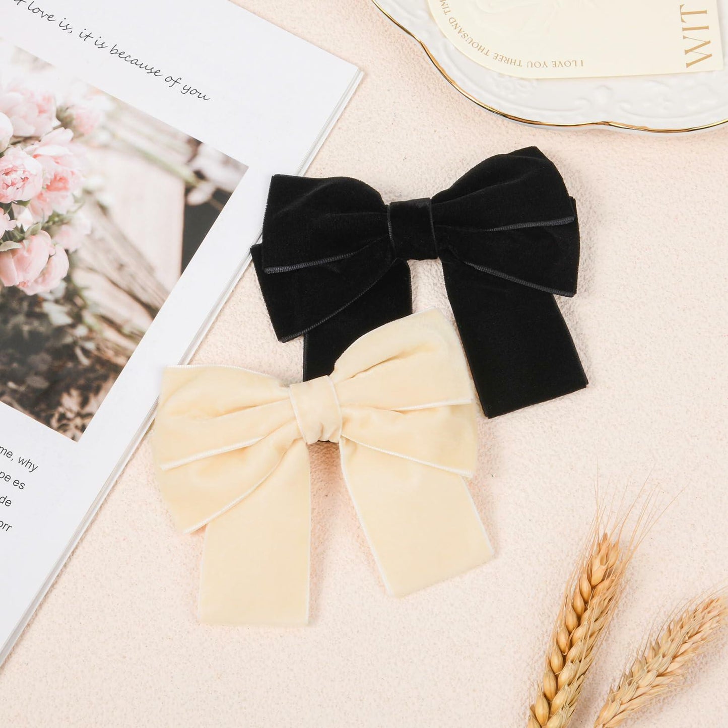 Aileam 2PCS Velvet Hair Bows Ribbon Clips Black Beige Alligator Clips