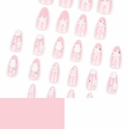HPYFOI Beach Press On Nails Medium Almond 3D Starfish Shell Design 24 Pcs