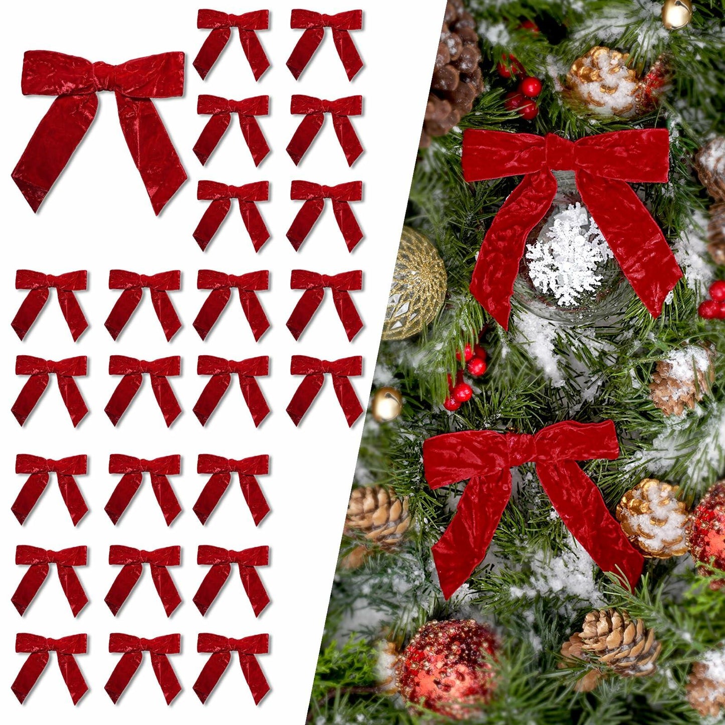LaRibbons 24 Pcs Red Crinkled Velvet Bows 3.94x3.94 Vintage 1" Wide