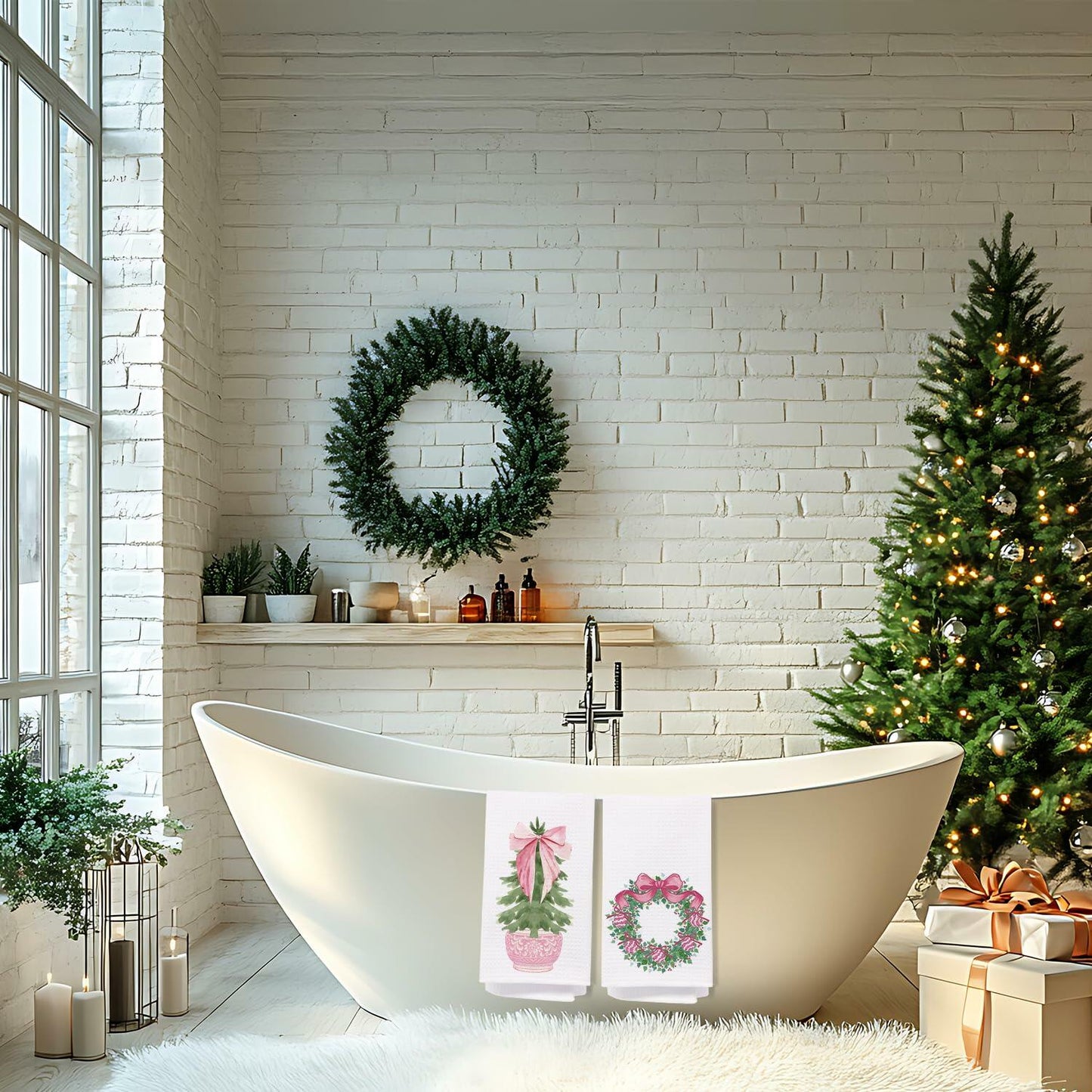SPBL&L Chinoiserie Christmas Kitchen Towels Pink Bow Tree 16x24 Set of 2