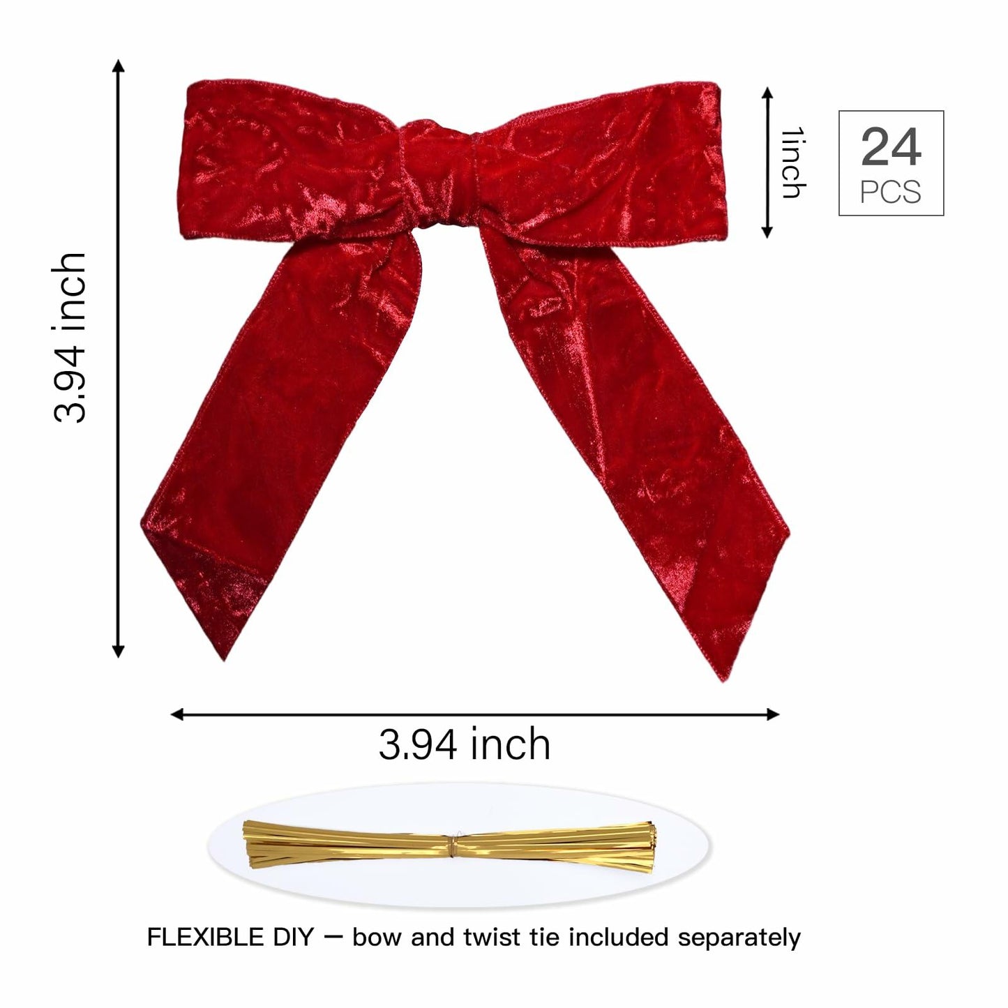 LaRibbons 24 Pcs Red Crinkled Velvet Bows 3.94x3.94 Vintage 1" Wide