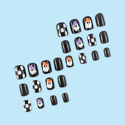 YEFIUO Halloween Press On Nails 24 Pcs Short Square Black Skull Flowers