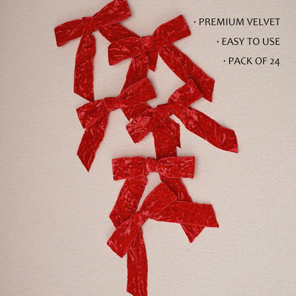 LaRibbons 24 Pcs Red Crinkled Velvet Bows 3.94x3.94 Vintage 1" Wide
