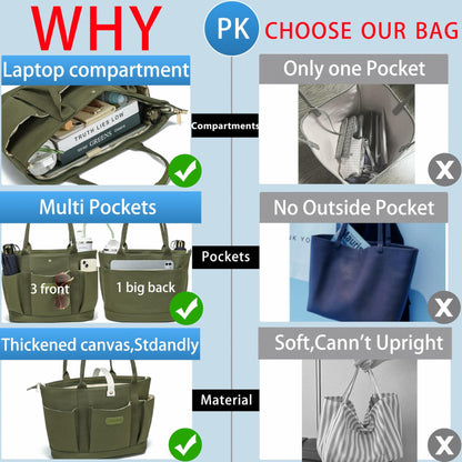 ZHMOPRO Large Canvas Laptop Tote Bag with Compartments & Inner Cup Holder Light Green